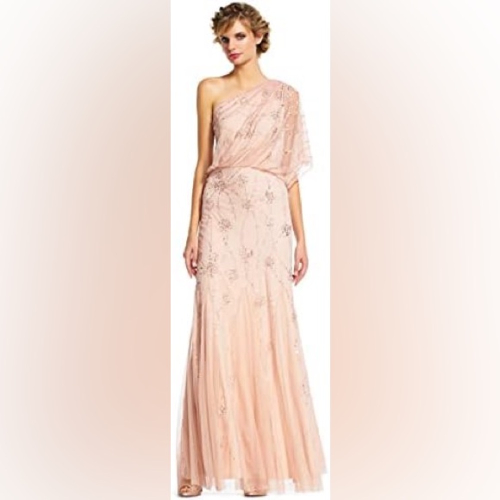 Adrianna Papell One-Shoulder Blush Beaded Gown size 12 - Picture 1 of 9